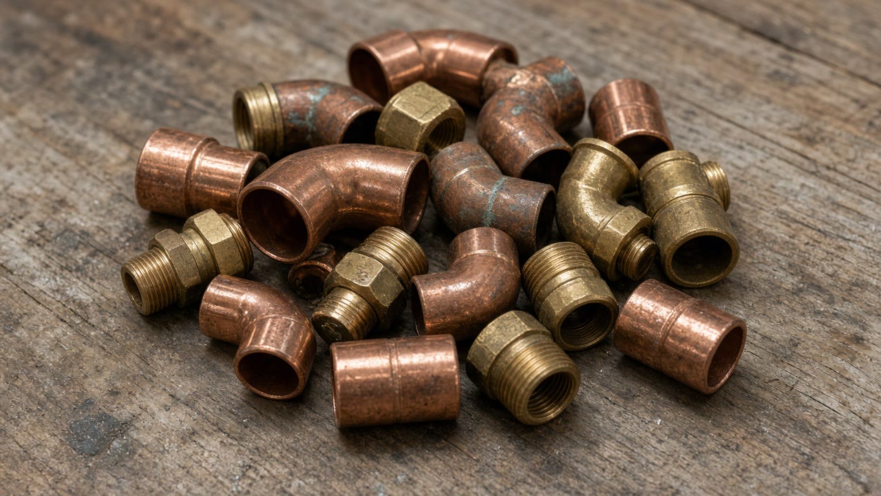 Copper and brass pipe fittings piled on a wooden bench, Syracuse and the surrounding New York area