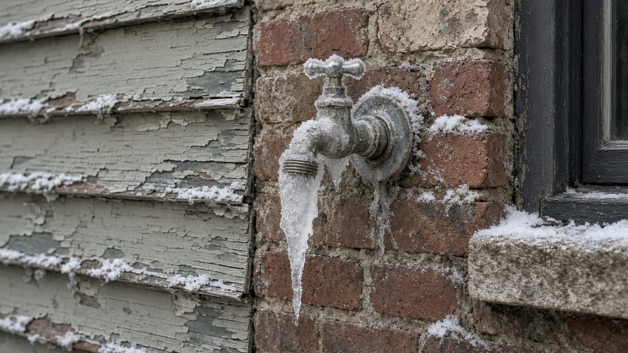 Outdoor hose bib on brick with an icicle hanging from the spout, Syracuse and the surrounding New York area