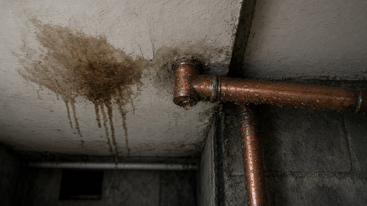 Copper pipe dripping from a ceiling fitting next to a brown water stain