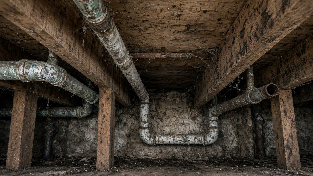 Old white supply pipes running under dusty wooden floor joists
